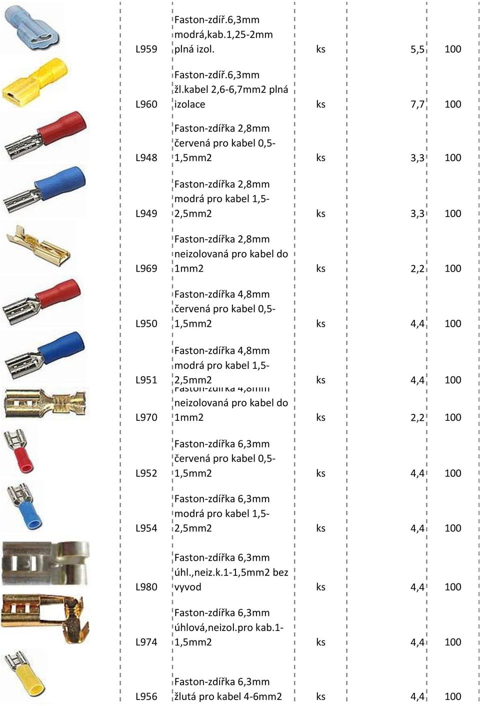 kabel do 1mm2 ks 2,2 100 Faston-zdířka 4,8mm červená pro kabel 0,5-1,5mm2 ks 4,4 100 Faston-zdířka 4,8mm modrá pro kabel 1,5-2,5mm2 Faston-zdířka 4,8mm ks 4,4 100 neizolovaná pro kabel do 1mm2 ks 2,2