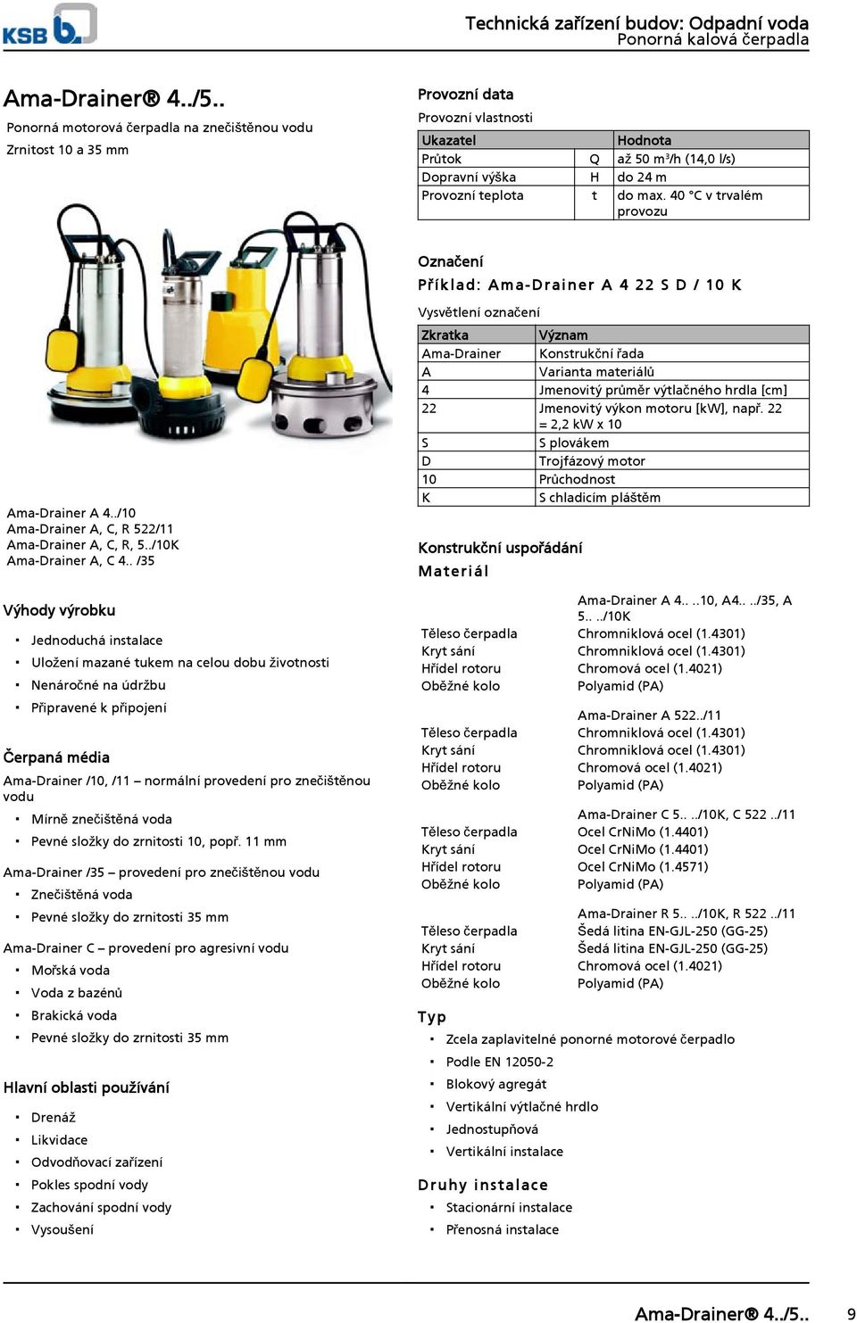 40 C v trvalém provozu Označení Příkl ad: Ama D rainer A 4 22 S D / K AmaDrainer A 4../ AmaDrainer A, C, R 522/11 AmaDrainer A, C, R, 5../K AmaDrainer A, C 4.