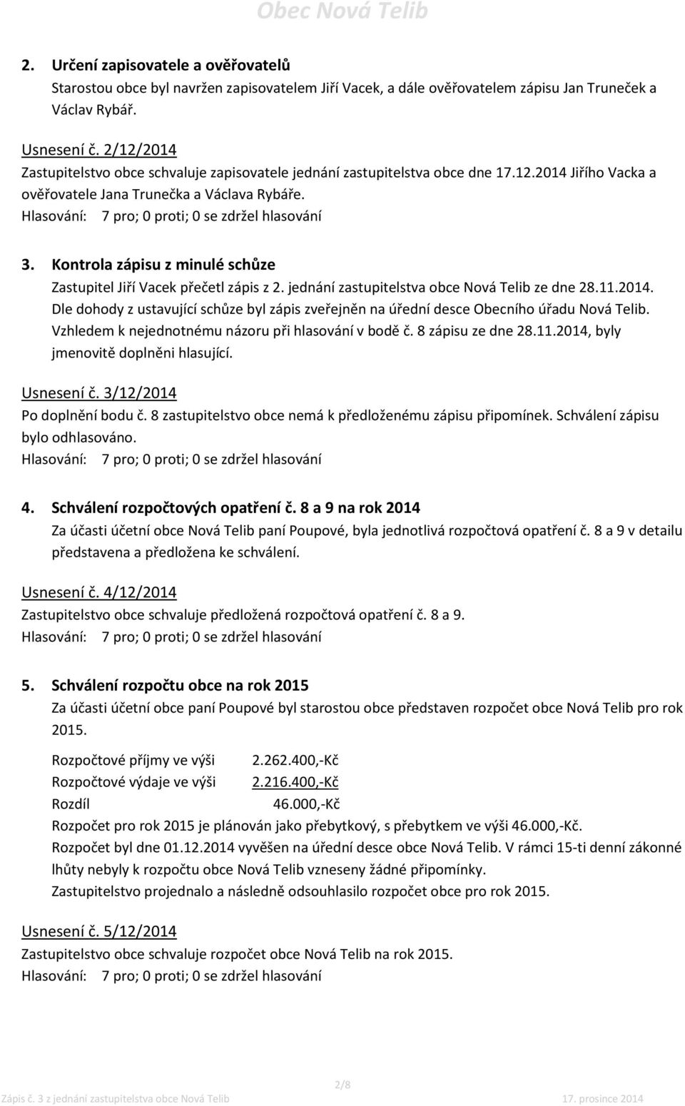 Kontrola zápisu z minulé schůze Zastupitel Jiří Vacek přečetl zápis z 2. jednání zastupitelstva obce Nová Telib ze dne 28.11.2014.