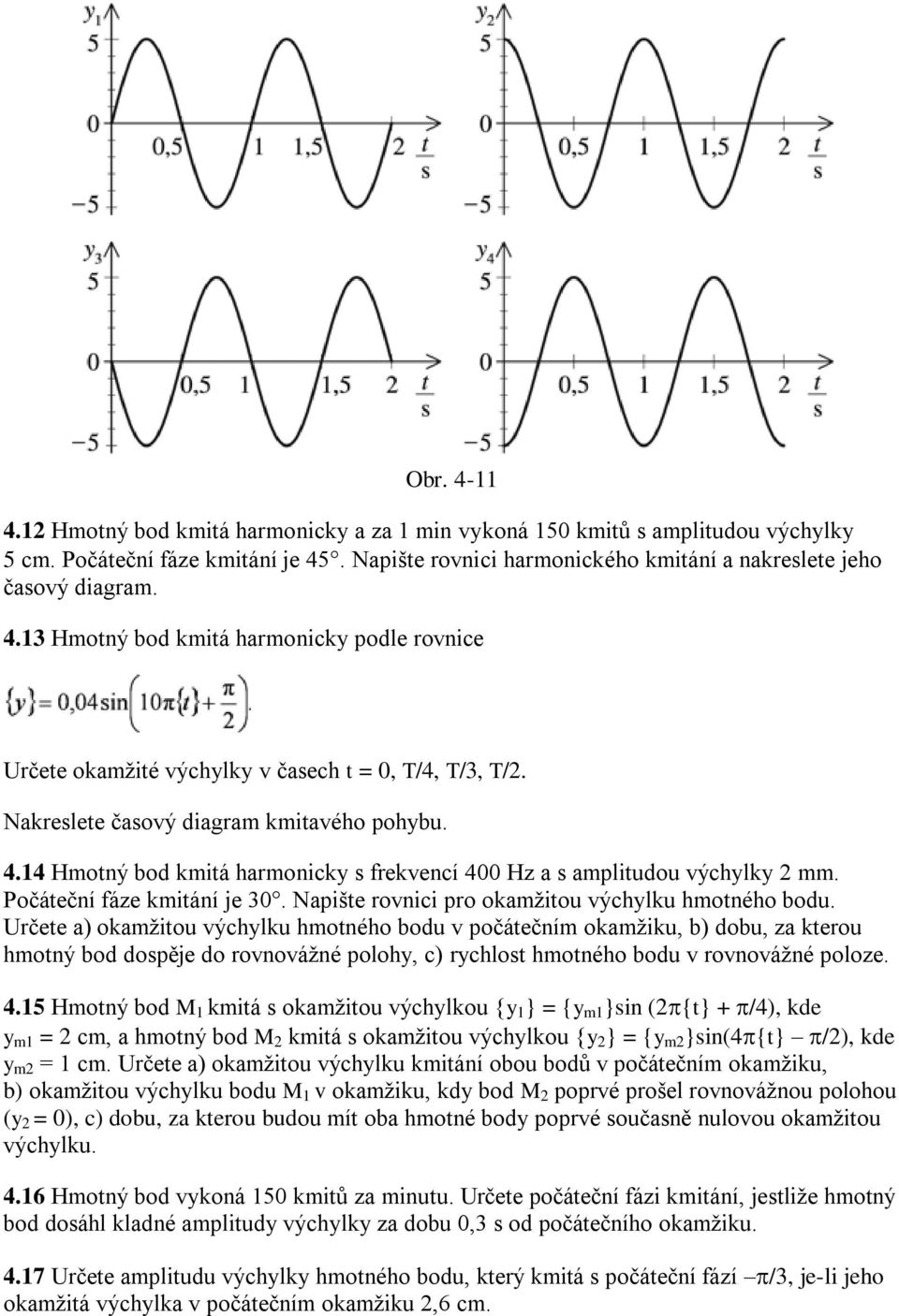 14 Hmotný bod kmitá harmonicky s frekvencí 400 Hz a s amplitudou výchylky 2 mm. Počáteční fáze kmitání je 30. Napište rovnici pro okamžitou výchylku hmotného bodu.