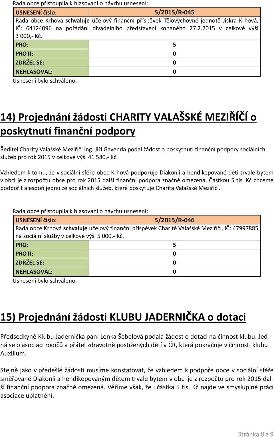 Jiří Gavenda podal žádost o poskytnutí finanční podpory sociálních služeb pro rok 2015 v celkové výši 41 580,- Kč.