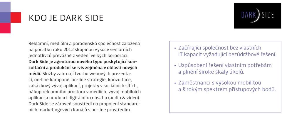 Služby zahrnují tvorbu webových prezentací, on-line kampaně, on-line strategie, konzultace, zakázkový vývoj aplikací, projekty v sociálních sítích, nákup reklamního prostoru v médiích, vývoj