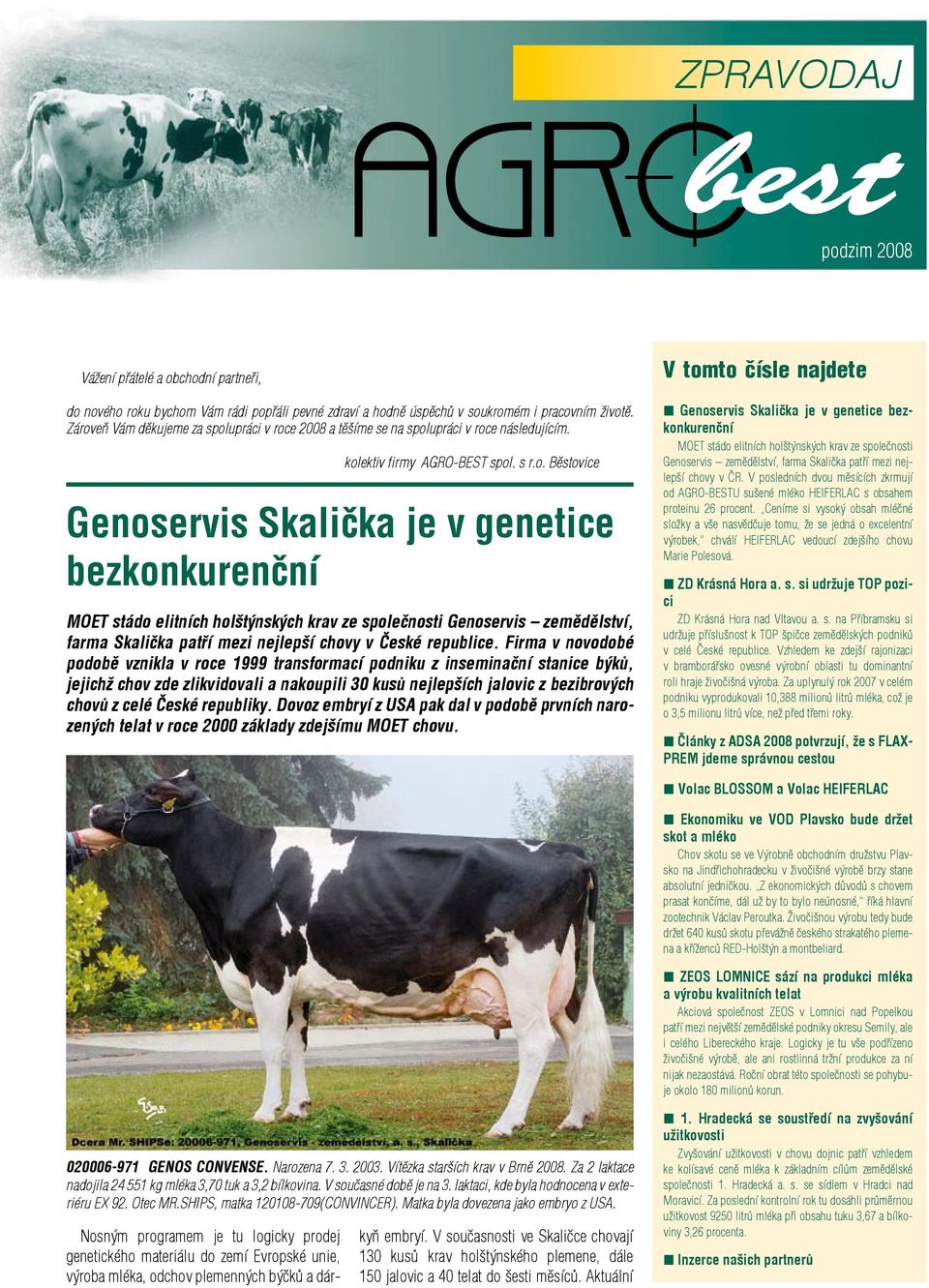 stádo elitních holštýnských krav ze společnosti Genoservis zemědělství, farma Skalička patří mezi nejlepší chovy v České republice.