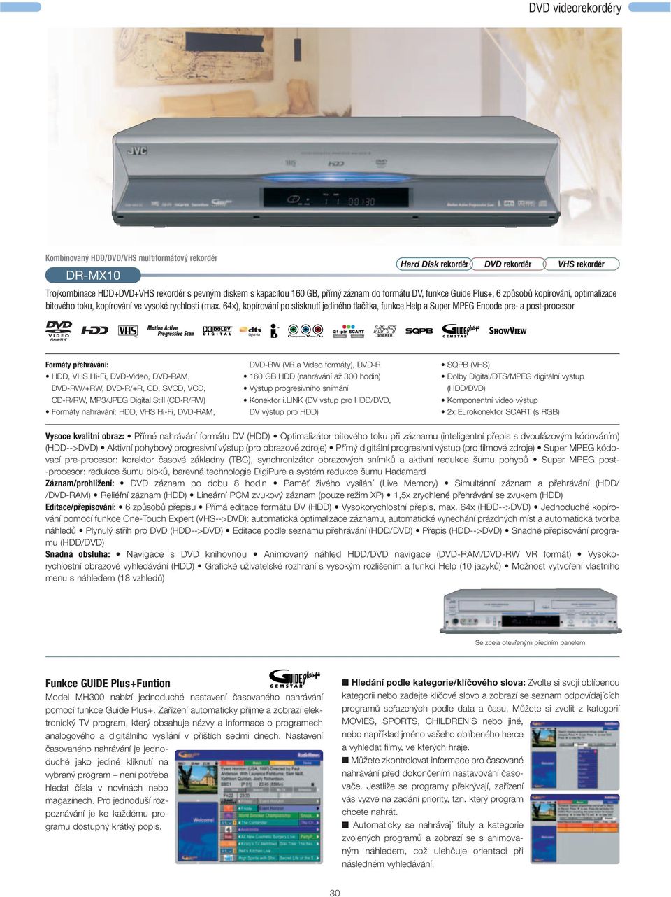64x), kopírování po stisknutí jediného tlačítka, funkce Help a Super MPEG Encode pre- a post-procesor Formáty přehrávání: HDD, VHS Hi-Fi, DVD-Video, DVD-RAM, DVD-RW/+RW, DVD-R/+R, CD, SVCD, VCD,