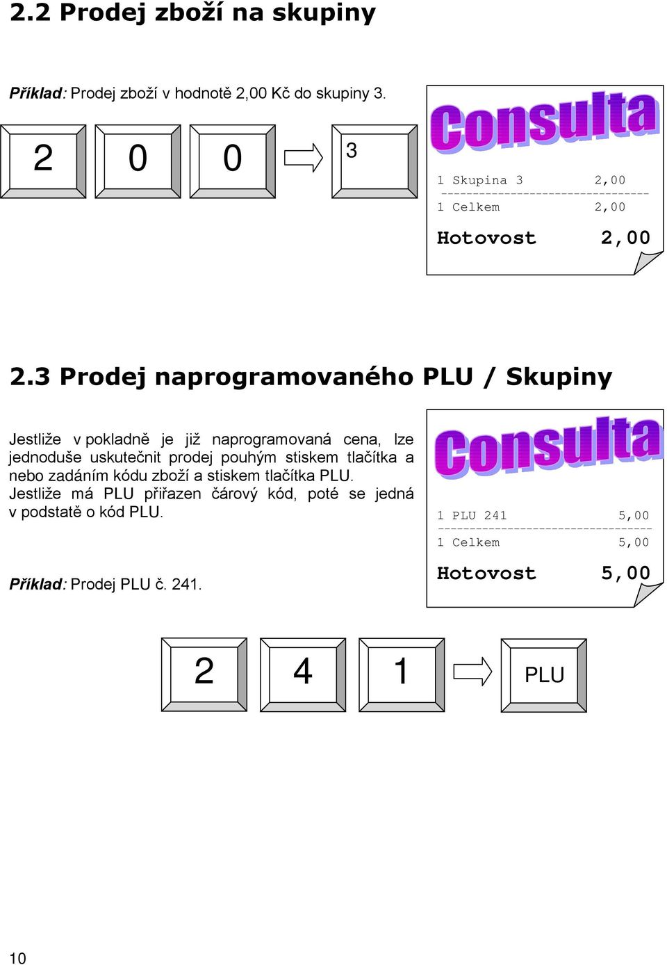 3 Prodej naprogramovaného PLU / Skupiny Jestliže v pokladně je již naprogramovaná cena, lze jednoduše uskutečnit prodej pouhým stiskem