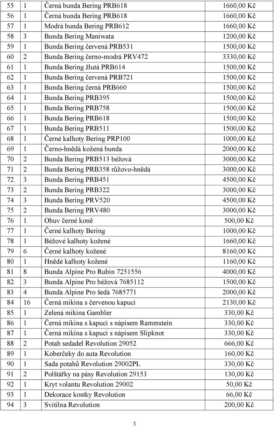 Bering PRB395 1500,00 Kč 65 1 Bunda Bering PRB758 1500,00 Kč 66 1 Bunda Bering PRB618 1500,00 Kč 67 1 Bunda Bering PRB511 1500,00 Kč 68 1 Černé kalhoty Bering PRP100 1000,00 Kč 69 1 Černo-hnědá