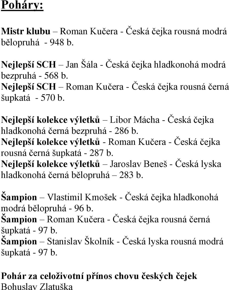 Nejlepší kolekce výletků - Roman Kučera - Česká čejka rousná černá šupkatá - 287 b. Nejlepší kolekce výletků Jaroslav Beneš - Česká lyska hladkonohá černá bělopruhá 283 b.