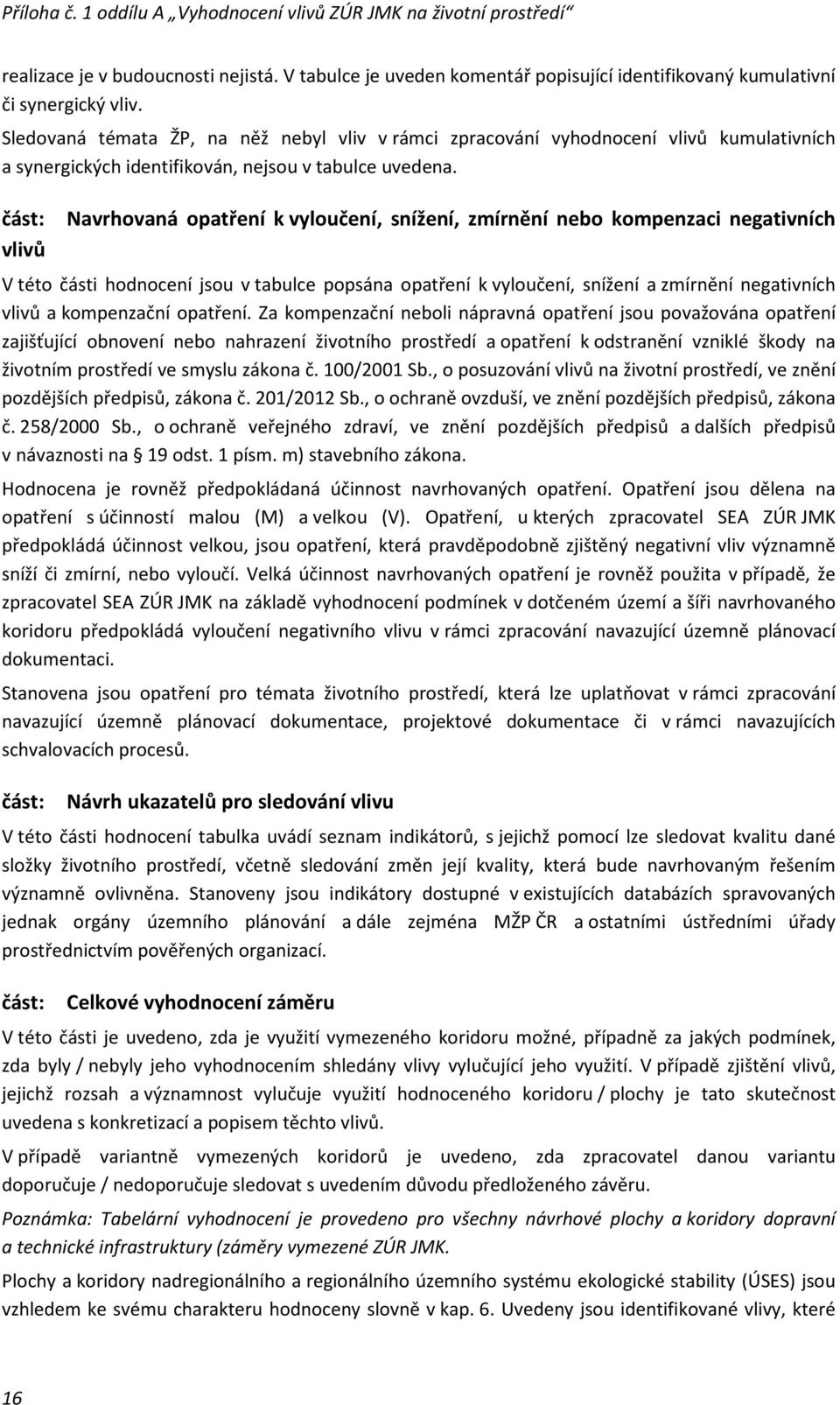 část: Navrhovaná opatření k vyloučení, snížení, zmírnění nebo kompenzaci negativních vlivů V této části hodnocení jsou v tabulce popsána opatření k vyloučení, snížení a zmírnění negativních vlivů a