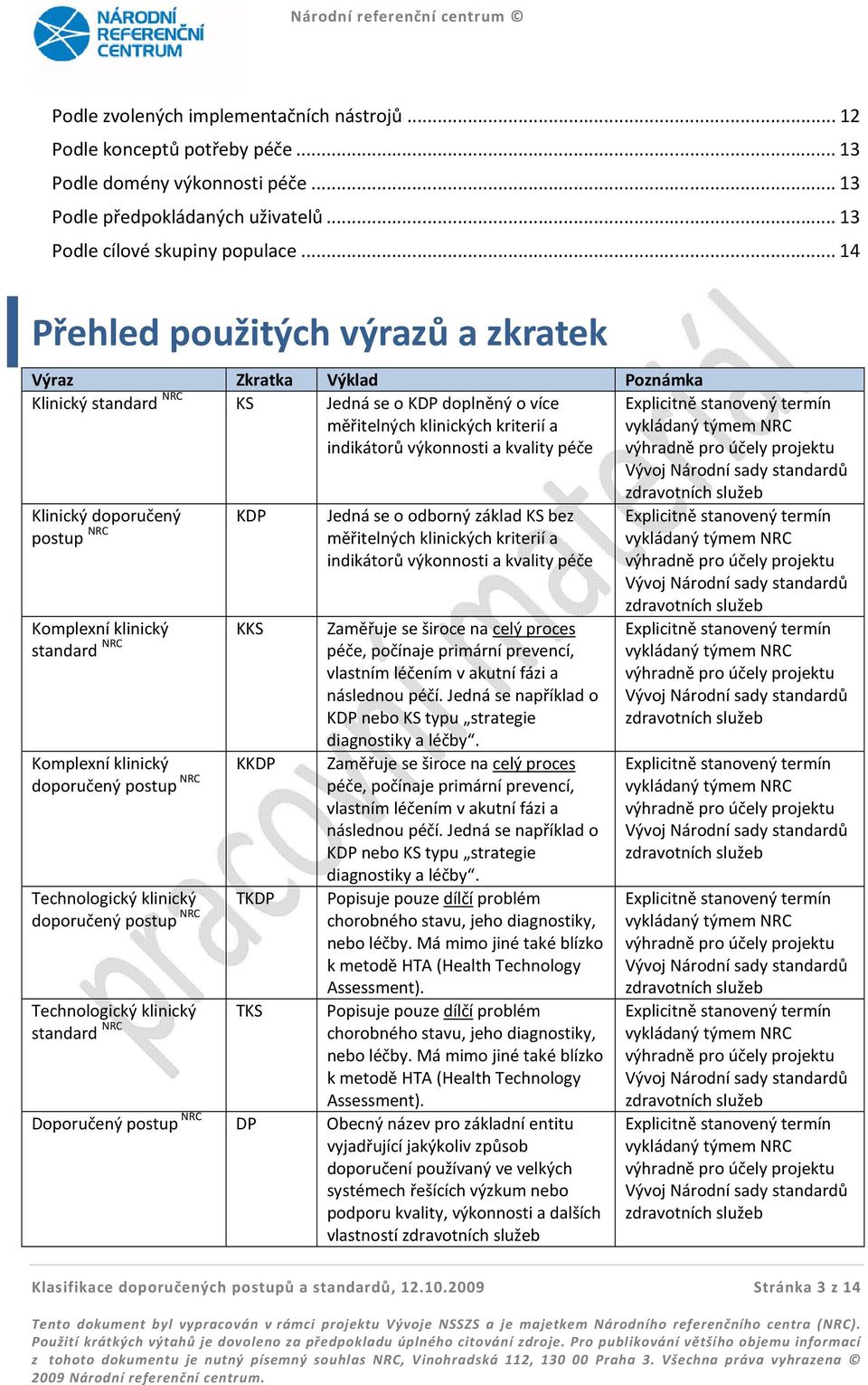 Explicitně stanovený termín vykládaný týmem NRC výhradně pro účely projektu Vývoj Národní sady standardů Klinický doporučený KDP Jedná se o odborný základ KS bez postup NRC měřitelných klinických