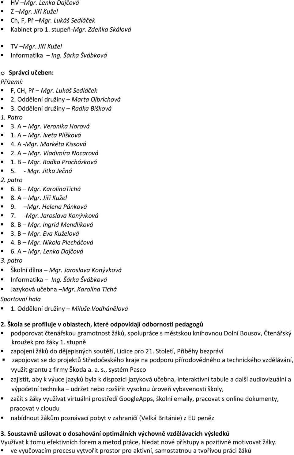 A -Mgr. Markéta Kissová 2. A Mgr. Vladimíra Nocarová 1. B Mgr. Radka Procházková 5. - Mgr. Jitka Ječná 2. patro 6. B Mgr. KarolínaTichá 8. A Mgr. Jiří Kužel 9. Mgr. Helena Pánková 7. -Mgr. Jaroslava Konývková 8.