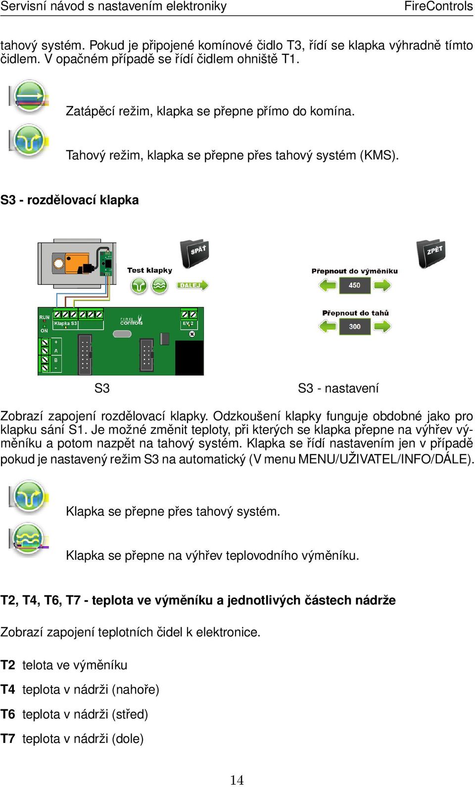 Odzkoušení klapky funguje obdobné jako pro klapku sání S1. Je možné změnit teploty, při kterých se klapka přepne na výhřev výměníku a potom nazpět na tahový systém.