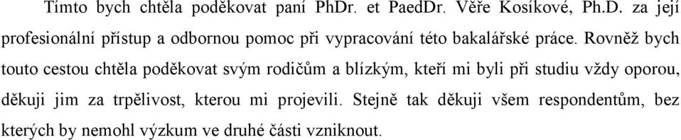 Rovněž bych touto cestou chtěla poděkovat svým rodičům a blízkým, kteří mi byli při studiu vždy