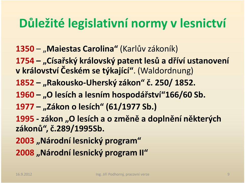 1960 O lesích a lesním hospodářství 166/60 Sb. 1977 Zákon o lesích (61/1977 Sb.