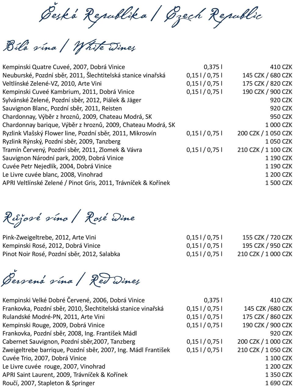 2012, Piálek & Jäger Sauvignon Blanc, Pozdní sběr, 2011, Reisten 920 CZK 920 CZK Chardonnay, Výběr z hroznů, 2009, Chateau Modrá, SK 950 CZK Chardonnay barique, Výběr z hroznů, 2009, Chateau Modrá,