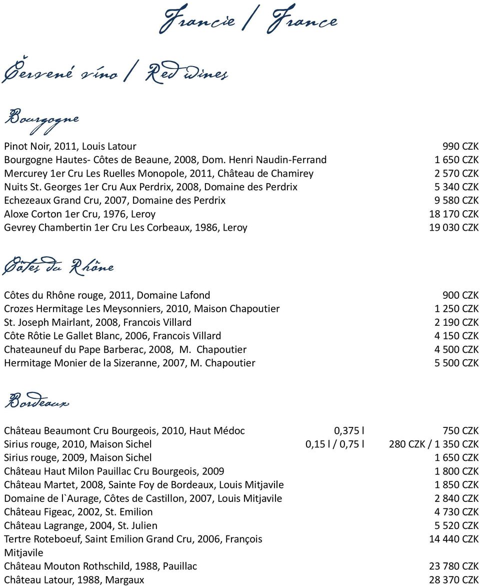 Georges 1er Cru Aux Perdrix, 2008, Domaine des Perdrix Echezeaux Grand Cru, 2007, Domaine des Perdrix Aloxe Corton 1er Cru, 1976, Leroy Gevrey Chambertin 1er Cru Les Corbeaux, 1986, Leroy 990 CZK