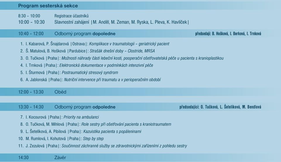 I. Trnková Praha : Elektronická dokumentace v podmínkách intenzivní péče 5. I. Šturmová Praha : Postraumatický stresový syndrom 6. A.