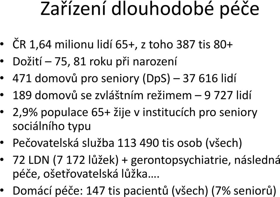 institucích pro seniory sociálního typu Pečovatelská služba 113 490 tis osob (všech) 72 LDN (7 172 lůžek)