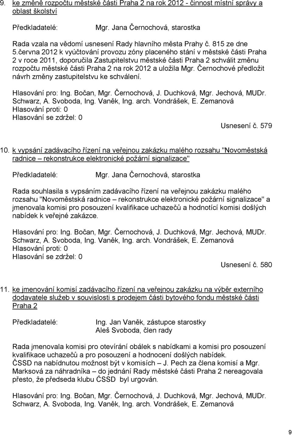 června 2012 k vyúčtování provozu zóny placeného stání v městské části Praha 2 v roce 2011, doporučila Zastupitelstvu městské části Praha 2 schválit změnu rozpočtu městské části Praha 2 na rok 2012 a