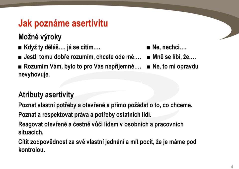 Ne, to mi opravdu Atributy asertivity Poznat vlastní potřeby a otevřeně a přímo požádat o to, co chceme.