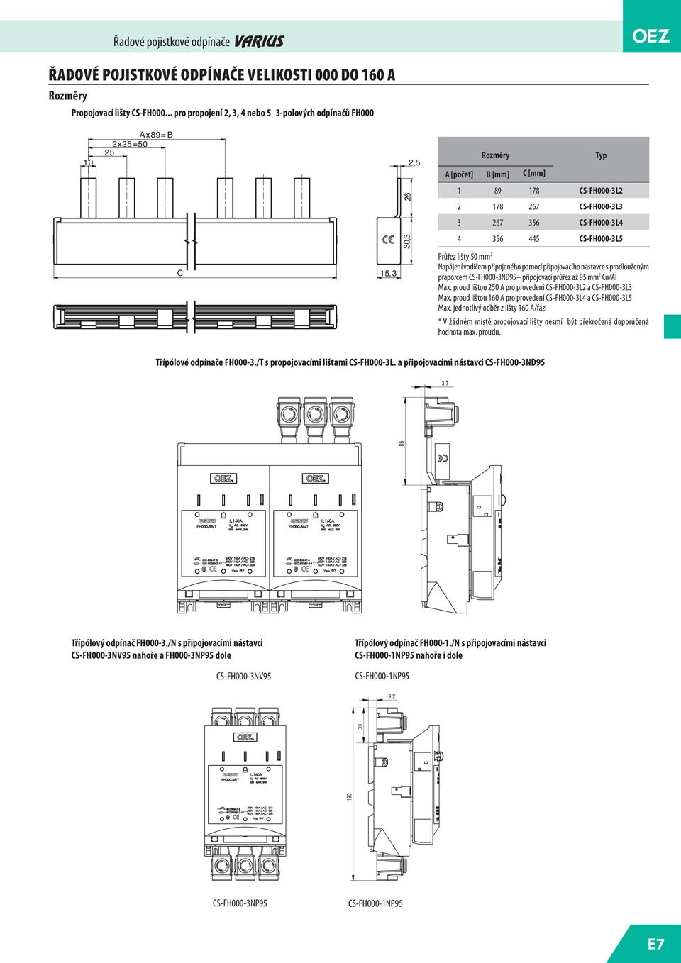 CS-FH000-3L5 C 15,3 Průřez lišty 50 mm 2 Napájení vodičem připojeného pomocí připojovacího nástavce s prodlouženým praporcem CS-FH000-3ND95 připojovací průřez až 95 mm 2 Cu/Al Max.