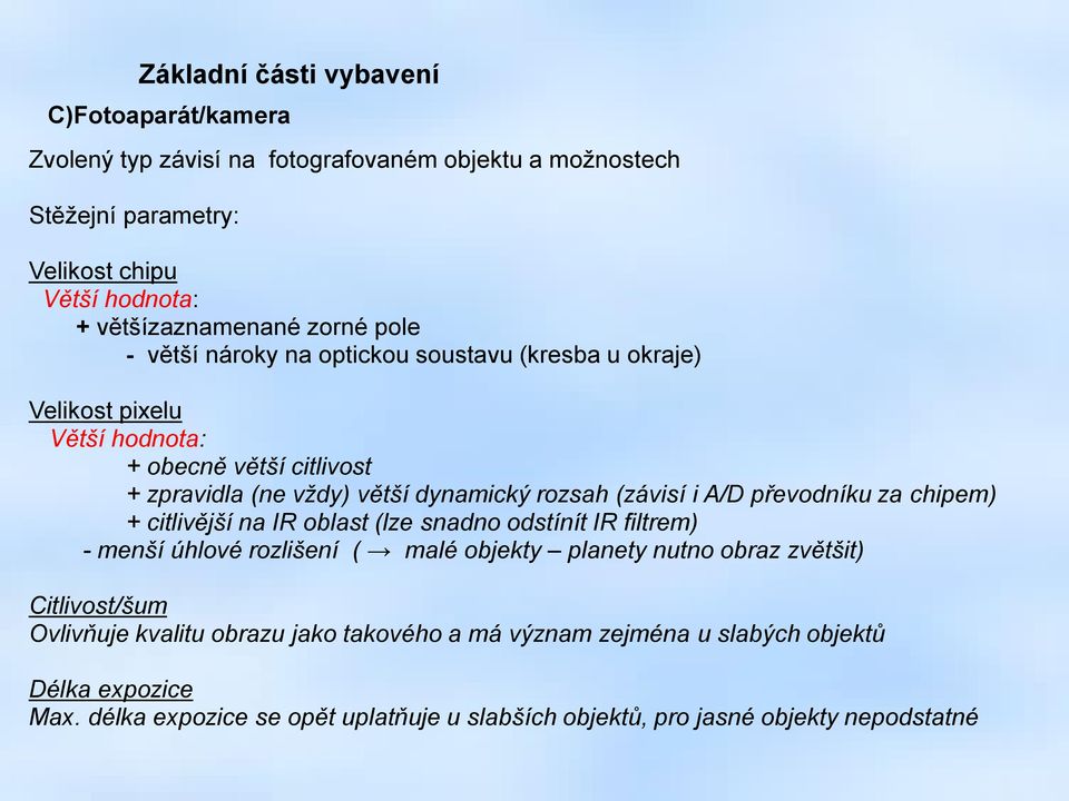 i A/D převodníku za chipem) + citlivější na IR oblast (lze snadno odstínít IR filtrem) - menší úhlové rozlišení ( malé objekty planety nutno obraz zvětšit) Citlivost/šum