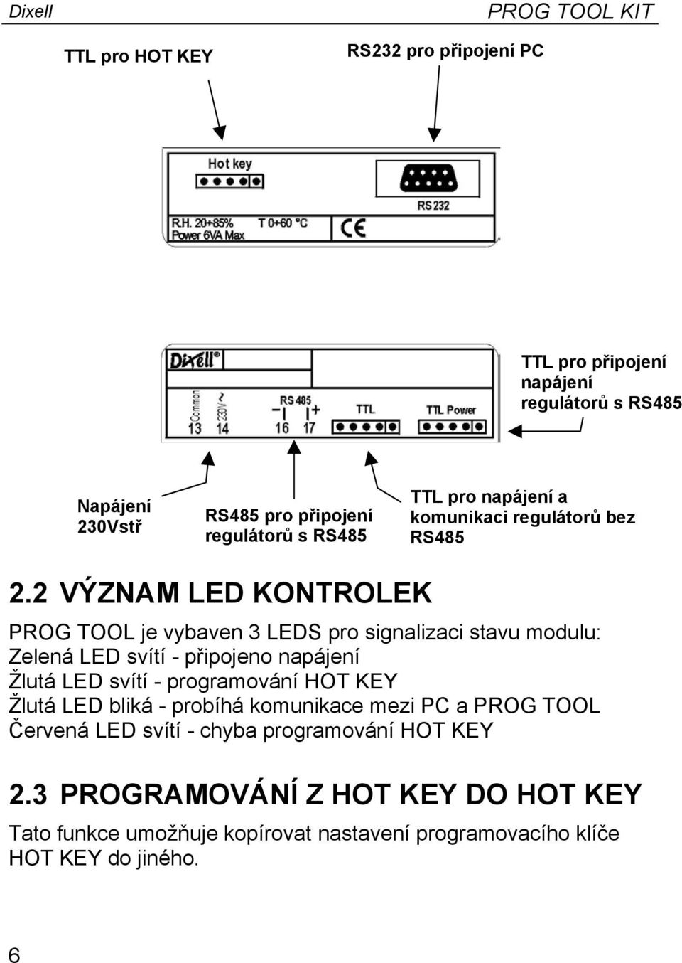 2 VÝZNAM LED KONTROLEK PROG TOOL je vybaven 3 LEDS pro signalizaci stavu modulu: Zelená LED svítí - připojeno napájení Žlutá LED svítí - programování