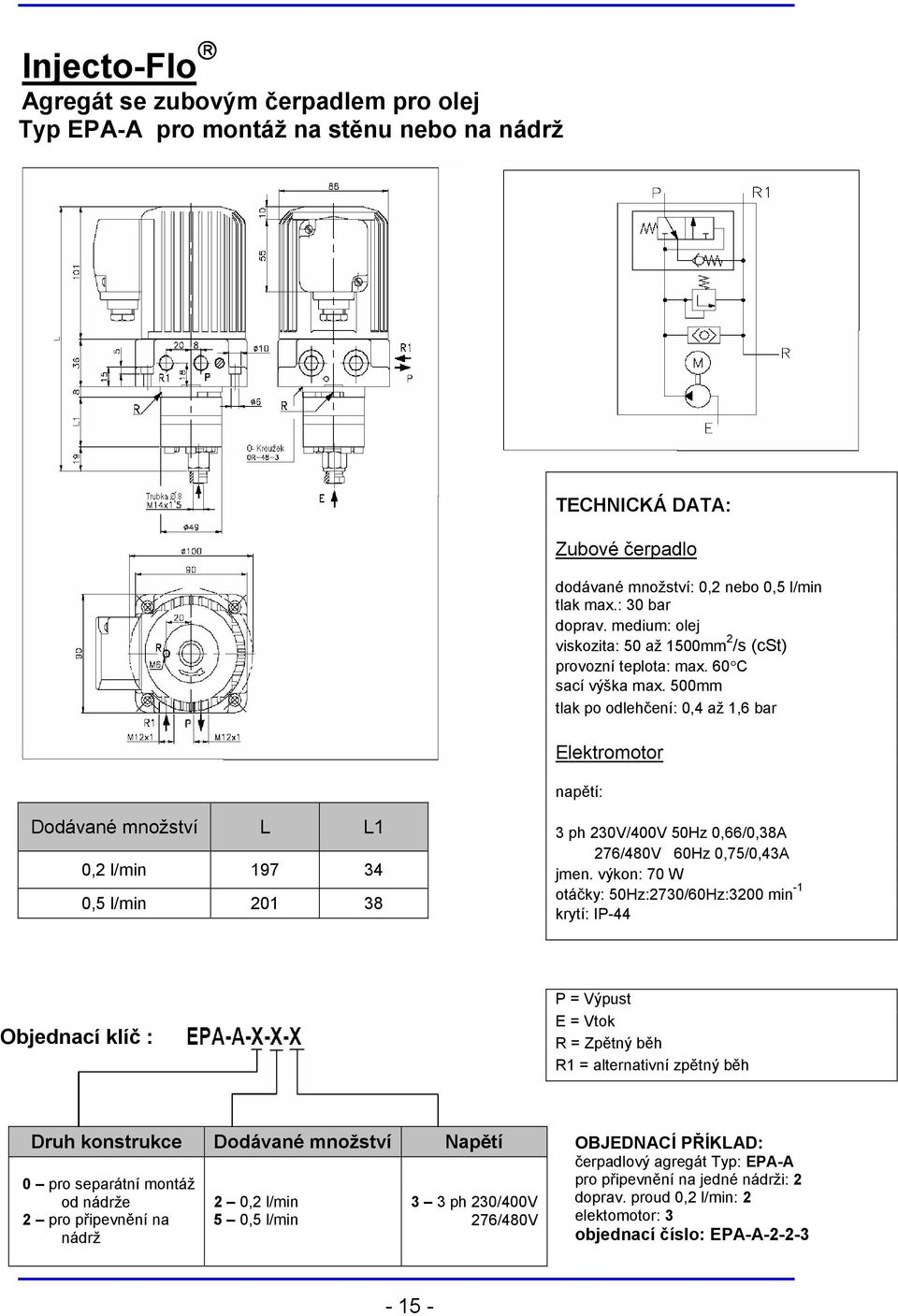 500mm tlak po odlehčení: 0,4 až 1,6 bar Elektromotor napětí: Dodávané množství L L1 0, l/min 197 4 0,5 l/min 01 8 ph 0V/400V 50Hz 0,66/0,8A 76/480V 60Hz 0,75/0,4A jmen.