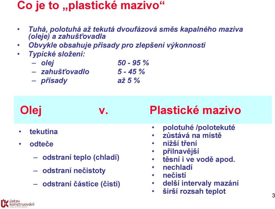 Plastické mazivo tekutina odteče odstraní teplo (chladí) odstraní nečistoty odstraní částice (čistí) polotuhé