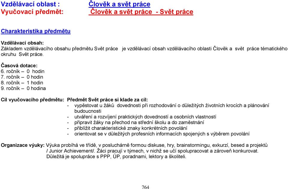 ročník 0 hodina Cíl vyučovacího předmětu: Předmět Svět práce si klade za cíl: - vypěstovat u žáků dovednosti při rozhodování o důležitých životních krocích a plánování budoucnosti - utváření a