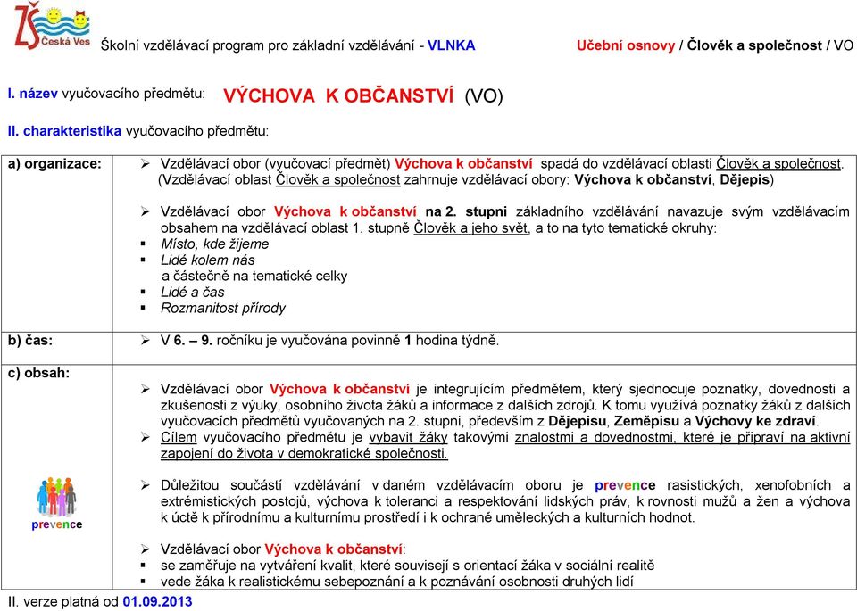 (Vzdělávací oblast Člověk a společnost zahrnuje vzdělávací obory: Výchova k občanství, Dějepis) Vzdělávací obor Výchova k občanství na 2.