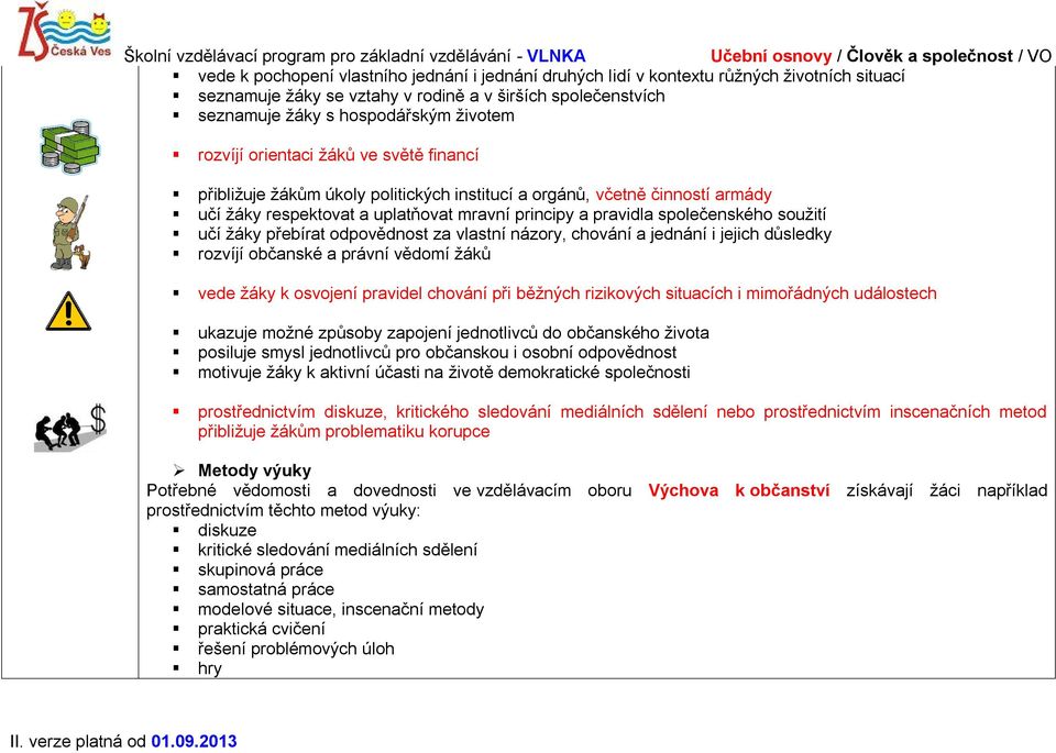 soužití učí žáky přebírat odpovědnost za vlastní názory, chování a jednání i jejich důsledky rozvíjí občanské a právní vědomí žáků vede žáky k osvojení pravidel chování při běžných rizikových