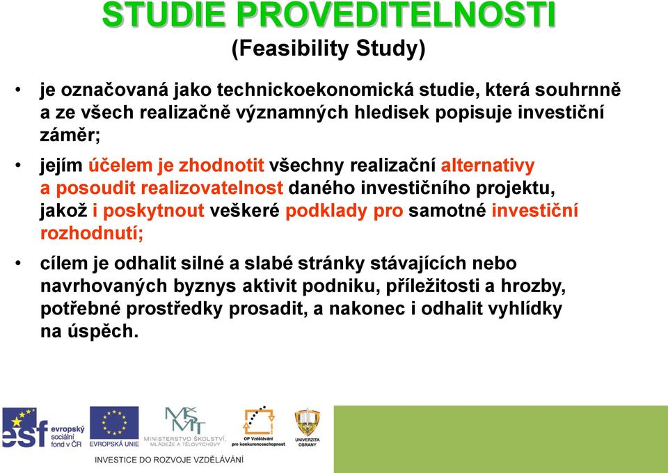 daného investičního projektu, jakož i poskytnout veškeré podklady pro samotné investiční rozhodnutí; cílem je odhalit silné a slabé