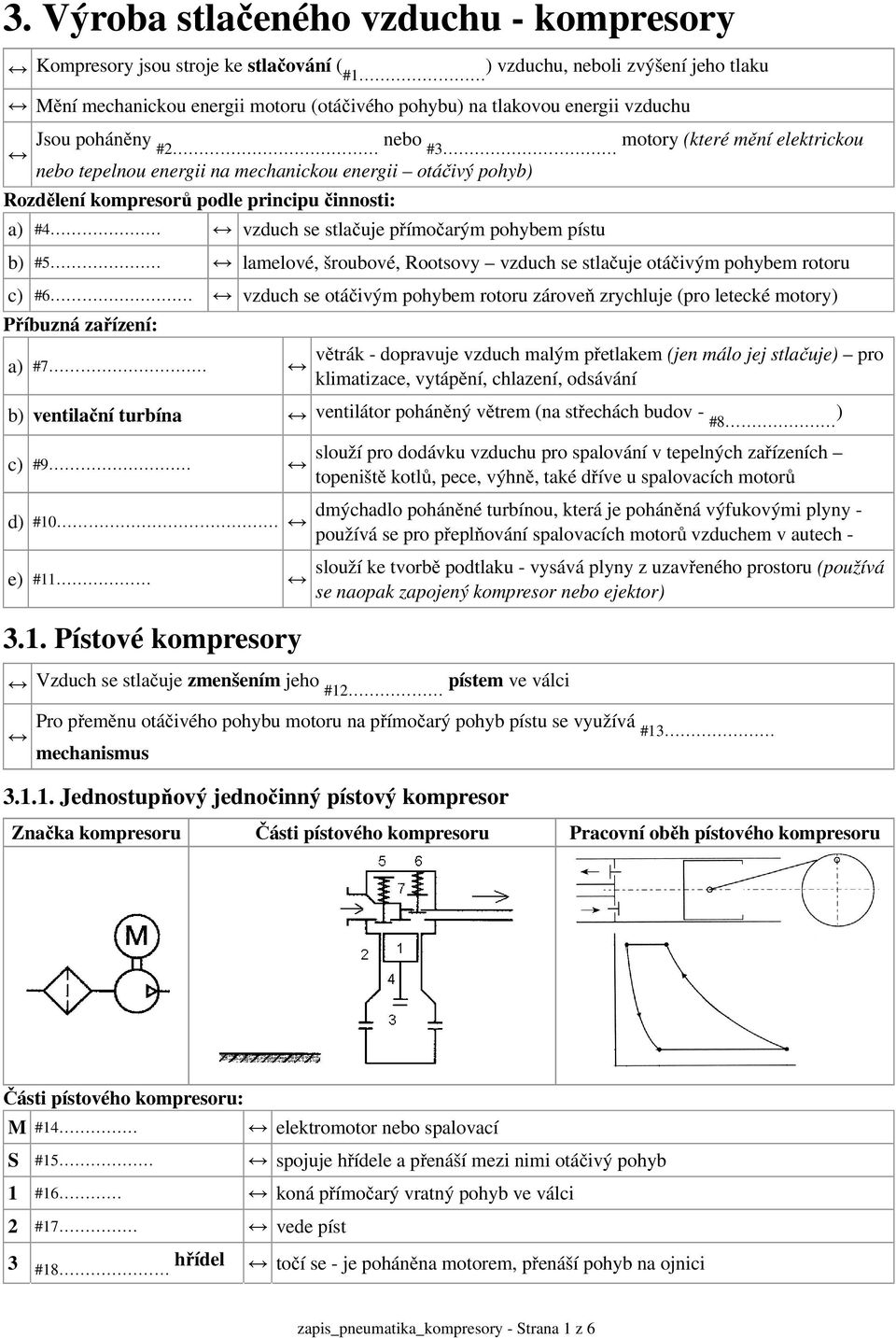 Jsou poháněny #2 nebo motory (které mění elektrickou #3 nebo tepelnou energii na mechanickou energii otáčivý pohyb) Rozdělení kompresorů podle principu činnosti: a) #4 vzduch se stlačuje přímočarým