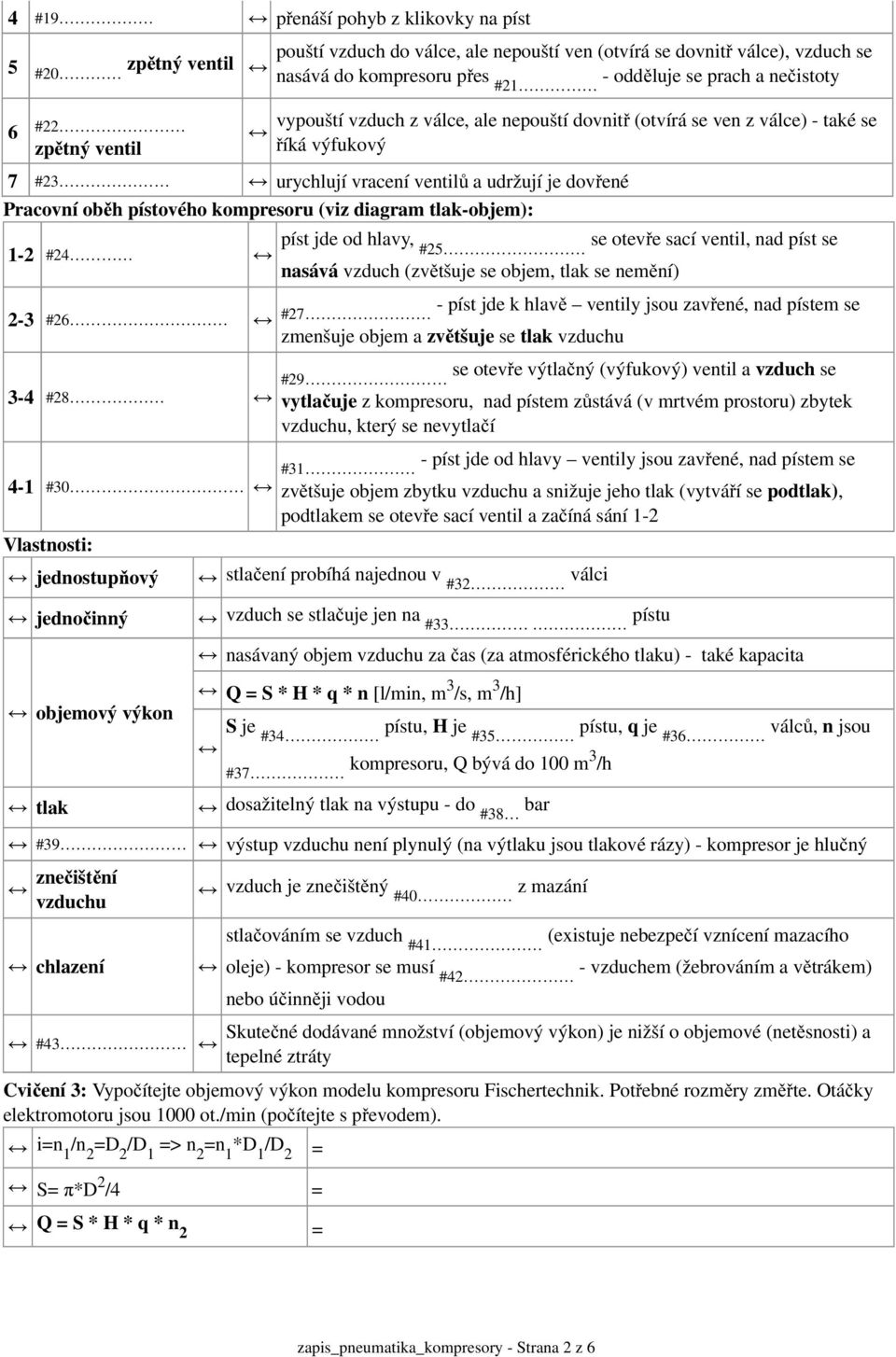 je dovřené Pracovní oběh pístového kompresoru (viz diagram tlak-objem): 1-2 #24 píst jde od hlavy, se otevře sací ventil, nad píst se #25 nasává vzduch (zvětšuje se objem, tlak se nemění) 2-3 #26 3-4