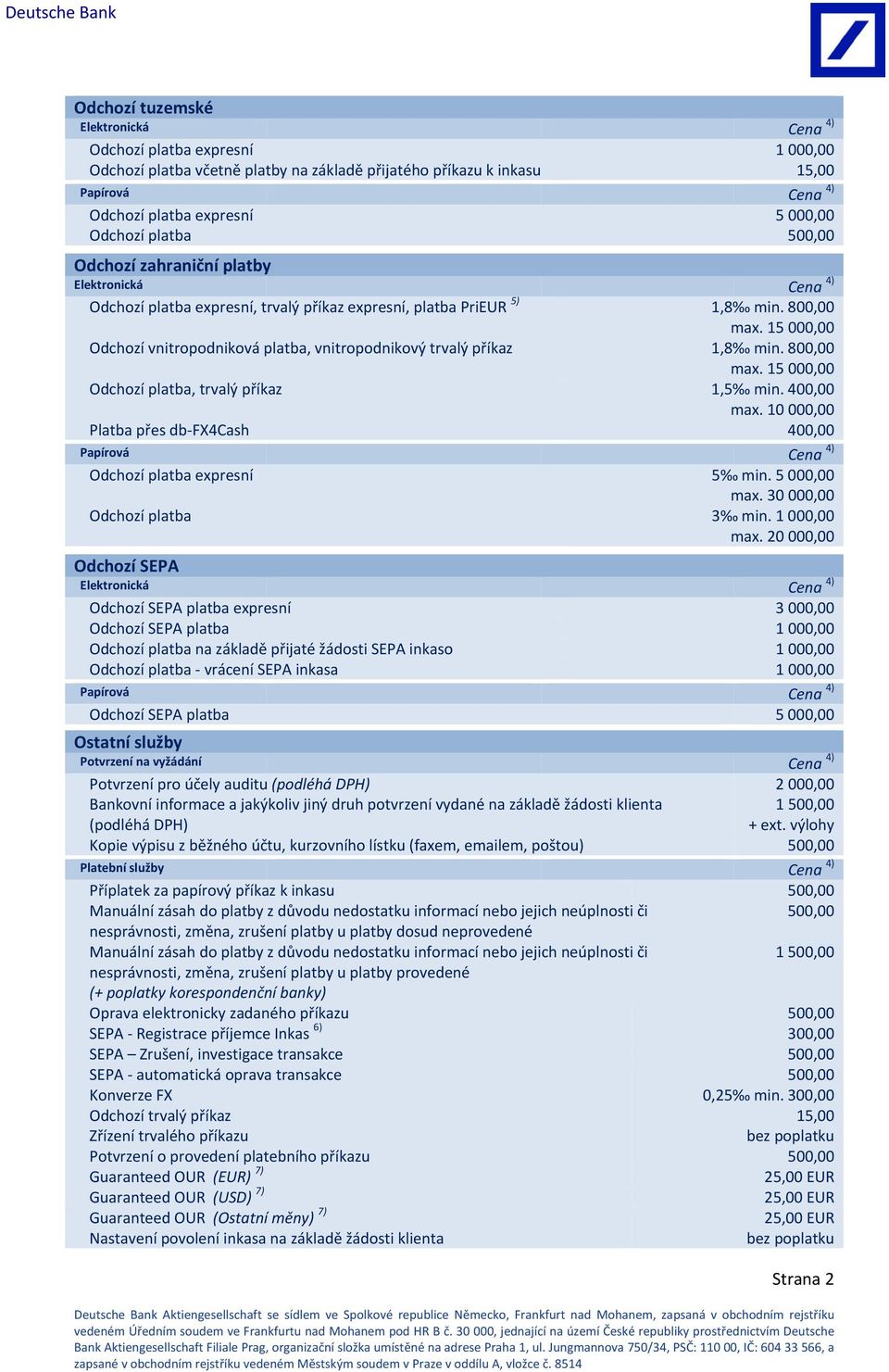 800,00 Odchozí platba, trvalý příkaz 1,5 min. 400,00 Platba přes db FX4Cash 400,00 Papírová Cena 4) Odchozí platba expresní 5 min. 5 000,00 max. 30 000,00 Odchozí platba 3 min. 1 000,00 max.