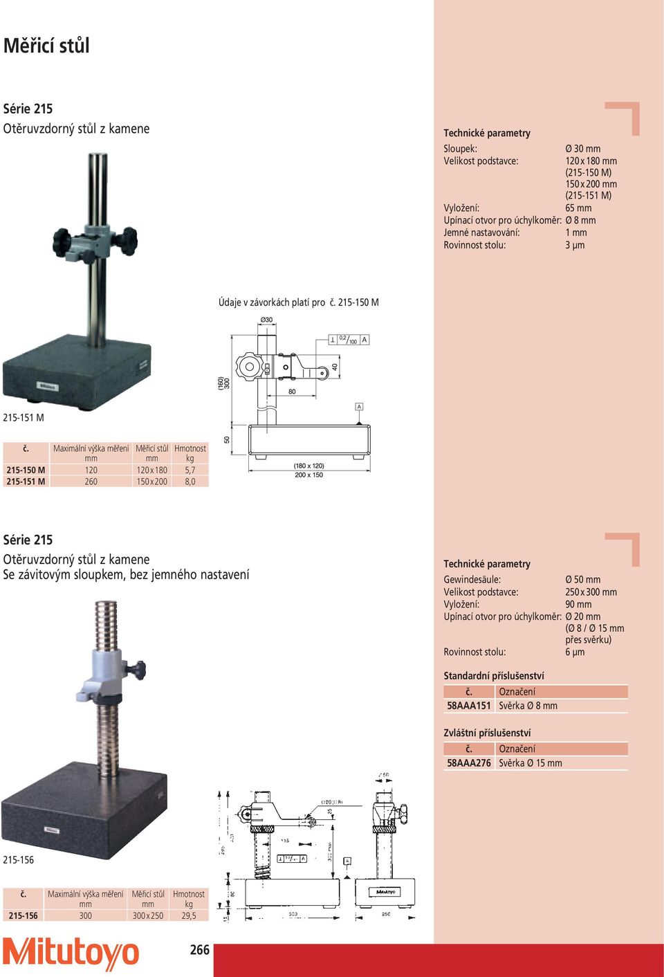 Série 215 Otěruvzdorný stůl z kamene Se závitovým sloupkem, bez jemného nastavení Gewindesäule: Ø 50 Velikost podstavce: 250 x 300 Vyložení: 90 Upínací otvor pro úchylkoměr: Ø 20 (Ø 8 / Ø