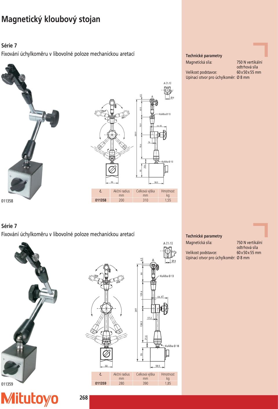 200 310 1,55 Série 7 Fixování úchylkoměru v libovolné poloze mechanickou aretací Magnetická síla: 750 N vertikální odtrhová síla Velikost