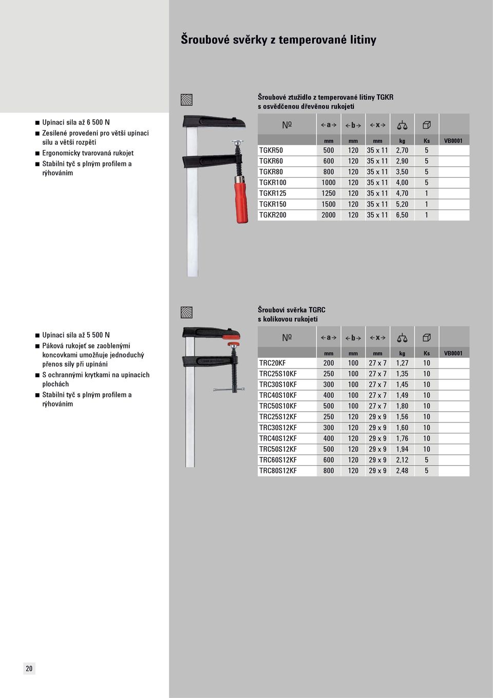 120 35 x 11 4,00 5 TGKR125 1250 120 35 x 11 4,70 1 TGKR150 1500 120 35 x 11 5,20 1 TGKR200 2000 120 35 x 11 6,50 1 Šrouboví svěrka TGRC s kolíkovou rukojetí Upínací síla až 5 500 N Páková rukojeť se