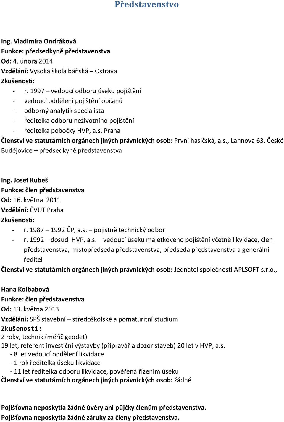 s., Lannova 63, České Budějovice předsedkyně představenstva Ing. Josef Kubeš Funkce: člen představenstva Od: 16. května 2011 Vzdělání: ČVUT Praha Zkušenosti: - r. 1987 1992 ČP, a.s. pojistně technický odbor - r.