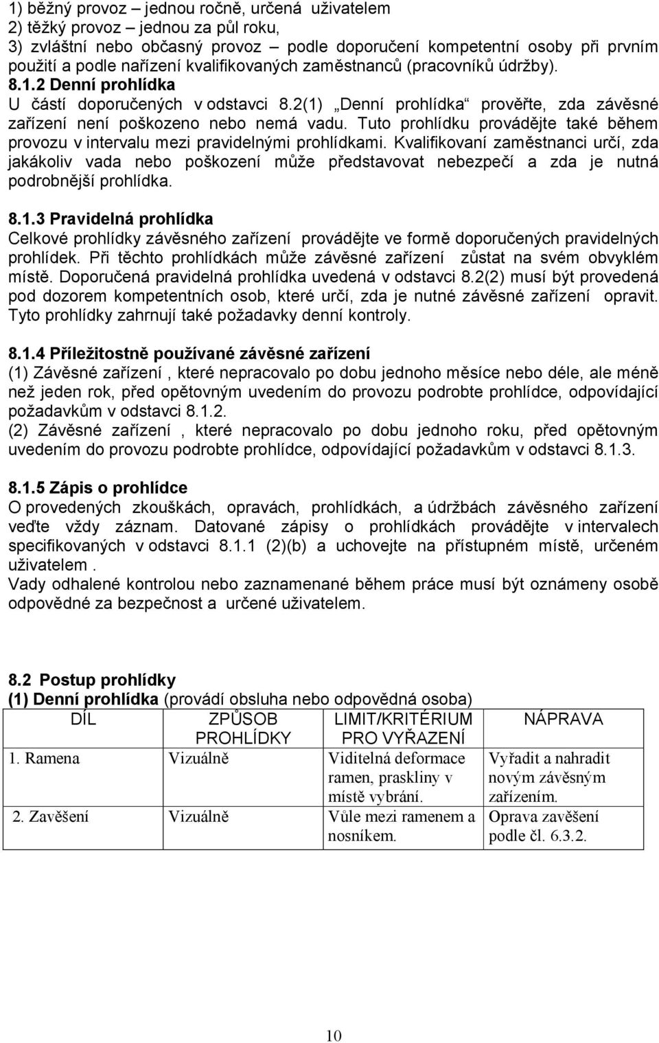 Tuto prohlídku provádějte také během provozu v intervalu mezi pravidelnými prohlídkami.