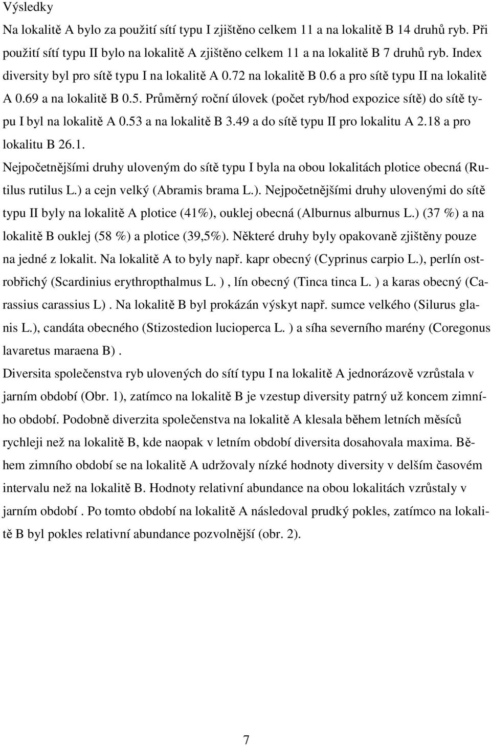 Průměrný roční úlovek (počet ryb/hod expozice sítě) do sítě typu I byl na lokalitě A 0.53 a na lokalitě B 3.49 a do sítě typu II pro lokalitu A 2.18