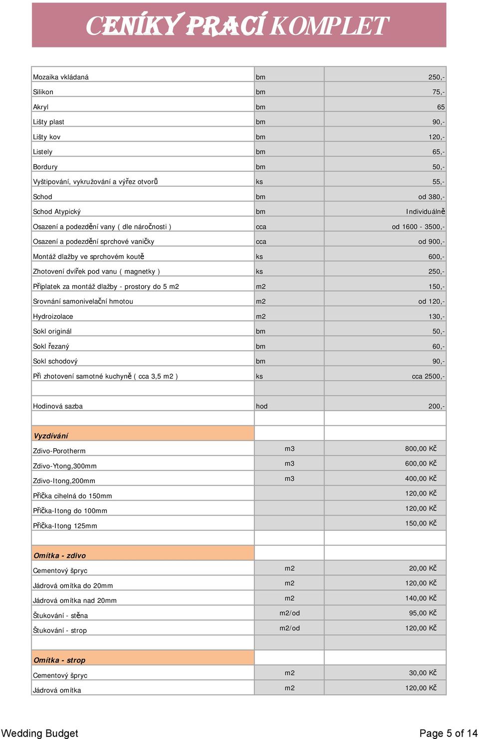 pod vanu ( magnetky ) ks 250,- Příplatek za montáž dlažby - prostory do 5 m2 m2 150,- Srovnání samonivelační hmotou m2 od 120,- Hydroizolace m2 130,- Sokl originál bm 50,- Sokl řezaný bm 60,- Sokl