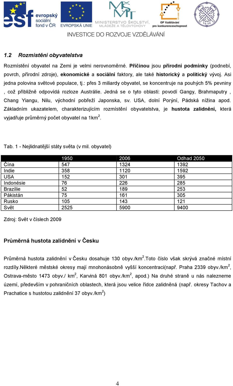 : přes miliardy obyvatel, se koncentruje na pouhých 5% pevniny, což přibližně odpovídá rozloze Austrálie.