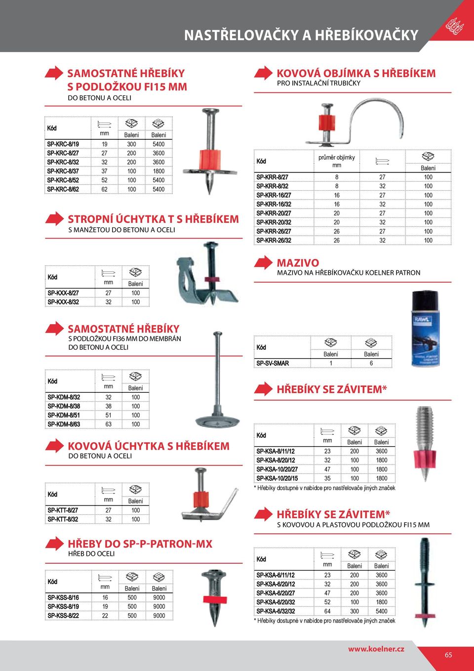 SP-KRR-20/32 20 32 100 SP-KRR-26/27 26 27 100 SP-KRR-26/32 26 32 100 SP-KXX-8/27 27 100 SP-KXX-8/32 32 100 Mazivo Mazivo na hřebíkovačku KOELNER PATron Samostatné hřebíky s podložkou fi36 do membrán