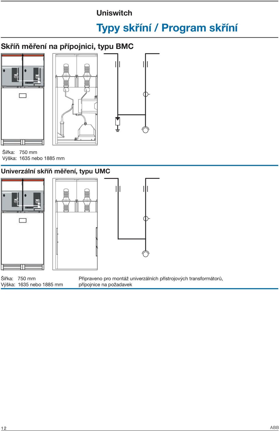 typu UMC Šířka: 750 mm Výška: 1635 nebo 1885 mm Připraveno pro