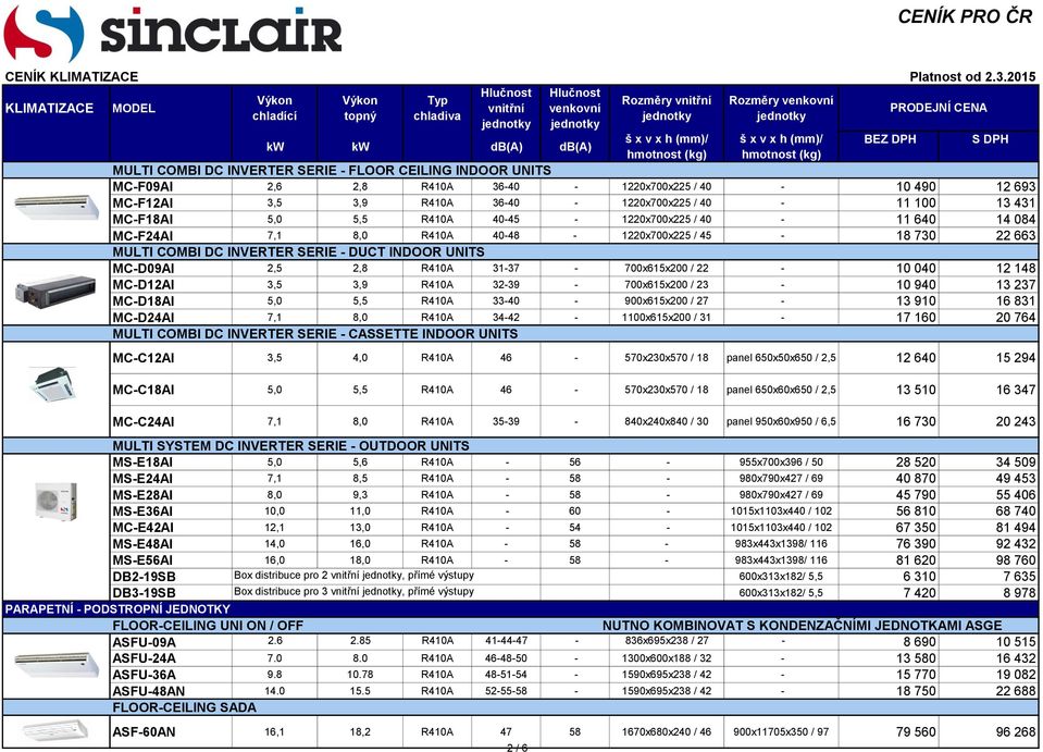 700x615x200 / 22-10 040 12 148 MC-D12AI 3,5 3,9 R410A 32-39 - 700x615x200 / 23-10 940 13 237 MC-D18AI 5,0 5,5 R410A 33-40 - 900x615x200 / 27-13 910 16 831 MC-D24AI 7,1 8,0 R410A 34-42 - 1100x615x200