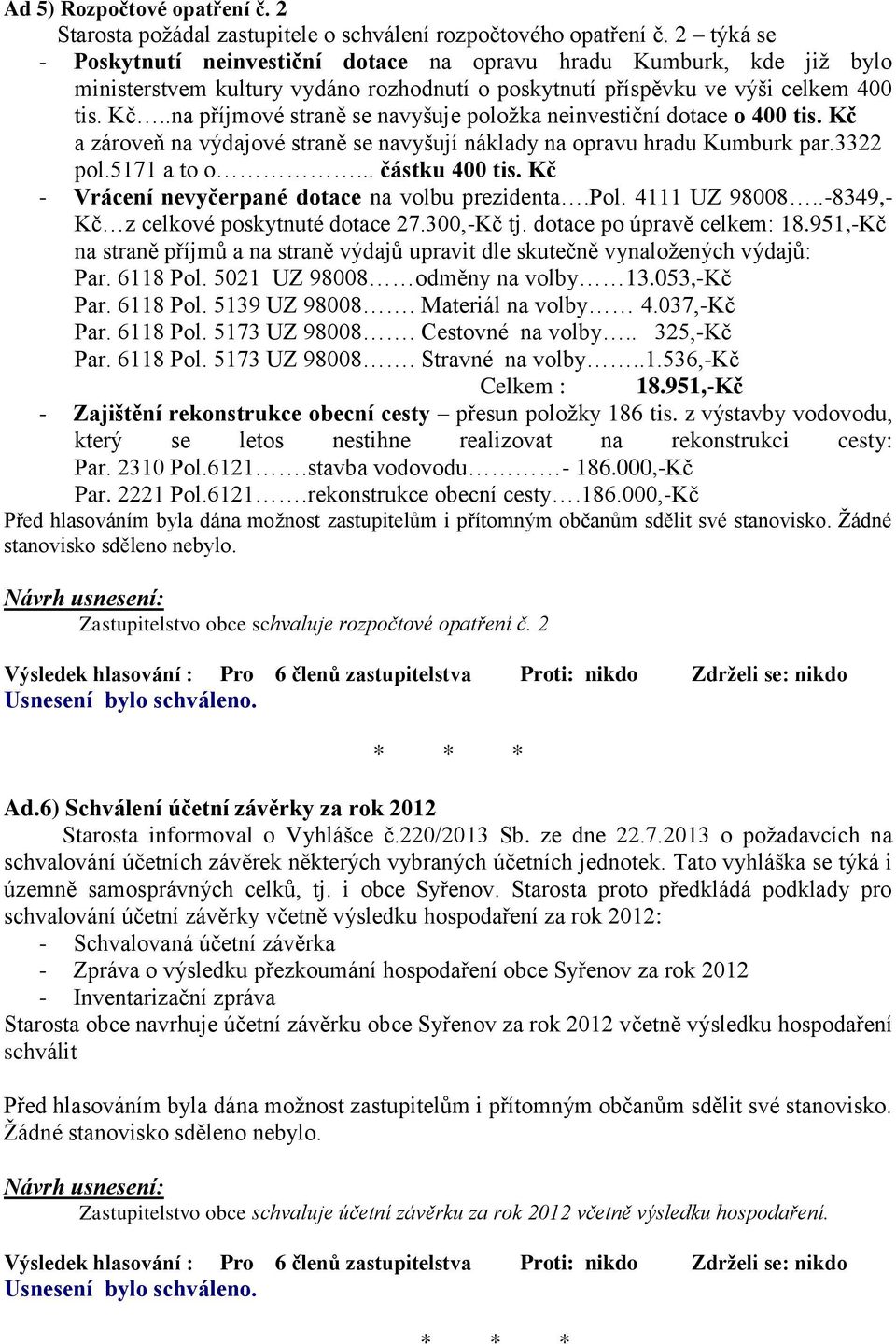 .na příjmové straně se navyšuje položka neinvestiční dotace o 400 tis. Kč a zároveň na výdajové straně se navyšují náklady na opravu hradu Kumburk par.3322 pol.5171 a to o... částku 400 tis.