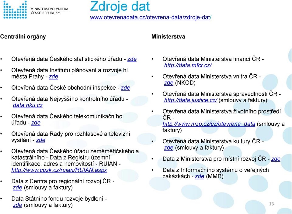 cz Otevřená data Českého telekomunikačního úřadu - zde Otevřená data Rady pro rozhlasové a televizní vysílání - zde Otevřená data Českého úřadu zeměměřičského a katastrálního - Data z Registru územní