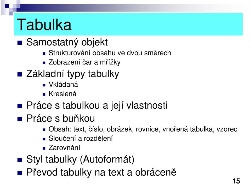 Práce s buňkou Obsah: text, číslo, obrázek, rovnice, vnořená tabulka, vzorec