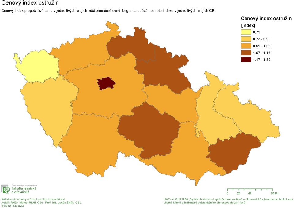 Legenda udává hodnotu indexu v jednotlivých krajích ČR.